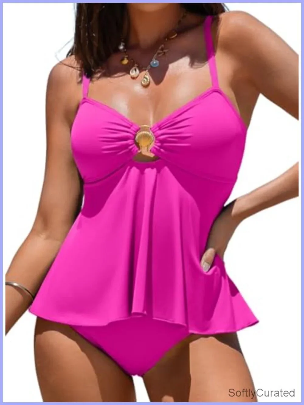 Women's Tankini Set Bandeau 2 Piece Swimsuit Shell Detail High Waisted Bottom
